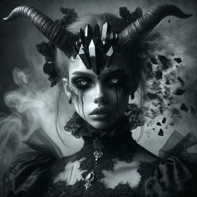 The primary subject of the image is a woman wearing a black dress with a lace top and a horned headpiece. She has a piercing and a tattoo, giving her a unique and striking appearance. The setting is a dark and moody environment, with a backdrop of smoke and a black and white color scheme. The visual style is a combination of photography and digital art, creating a dramatic and artistic portrait. The overall atmosphere is mysterious and intriguing, with the woman's striking features